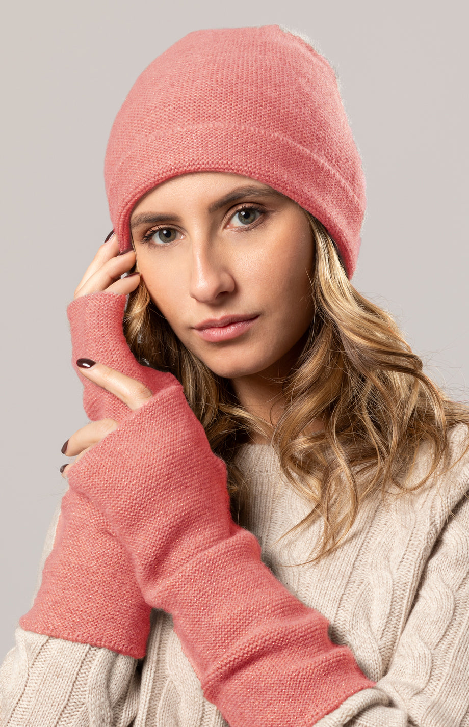 NWT Chico’s Blush Colored Lurex Knit Hat and Gloves Madden NYC Women main image 4