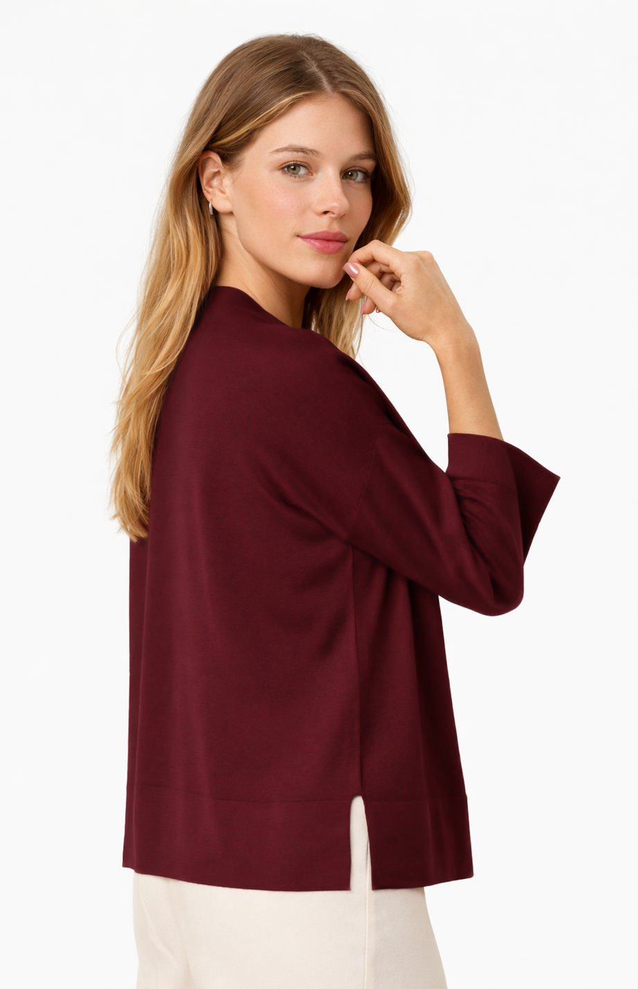 Maglia girocollo da donna con manica a 3 quarti di colore blu