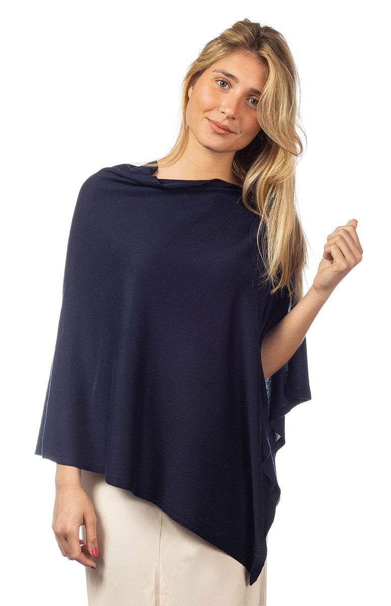 Poncho Donna In Misto Lana, Seta E Cashmere - Colore Rosso Rubino, Scollo A Barca, Fatto In Nepal